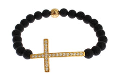 Nialaya Matte Onyx Stone Gold CZ Cross 925 Silver Bracelet - Bracelets