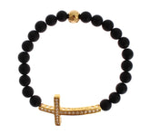 Nialaya Matte Onyx Stone Gold CZ Cross 925 Silver Bracelet - Bracelets