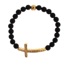 Nialaya Matte Onyx Stone Gold CZ Cross 925 Silver Bracelet - Bracelets