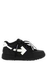 Off-White bicolor recycled polyester low top sneakers in white and black with signature zip tie tag and arrow logo.
