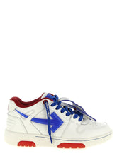 Off-White blå läderatletersneakers med signaturpil-logotypen och vita kontrasterande skosnören i en framåtvänd vy.