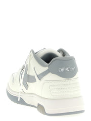 Close-up of the premium gray leather texture and lace-up closure on Off-White men's luxury sneakers.