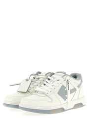 Side view of Off-White gray leather sneakers showcasing the tonal stitching and structured rubber sole.