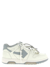 Off-White gray leather low top sneakers for men featuring signature zip-tie tag and minimalist profile.