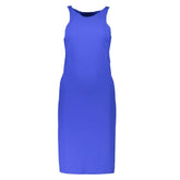 Patrizia Pepe Elegant Blue Crew Neck Dress with Logo Detail - Dresses