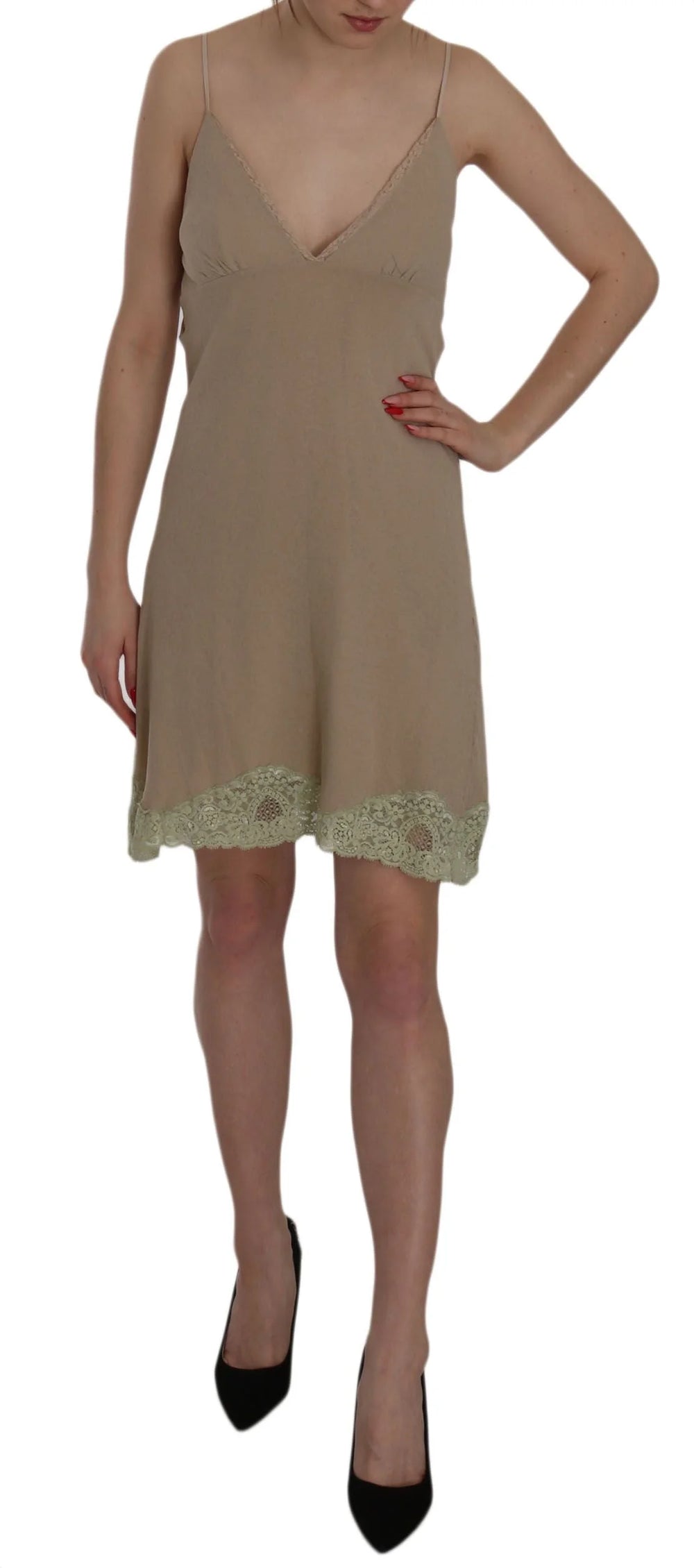 PINK MEMORIES Beige Lace Spaghetti Strap Mini Cotton Dress - Dresses