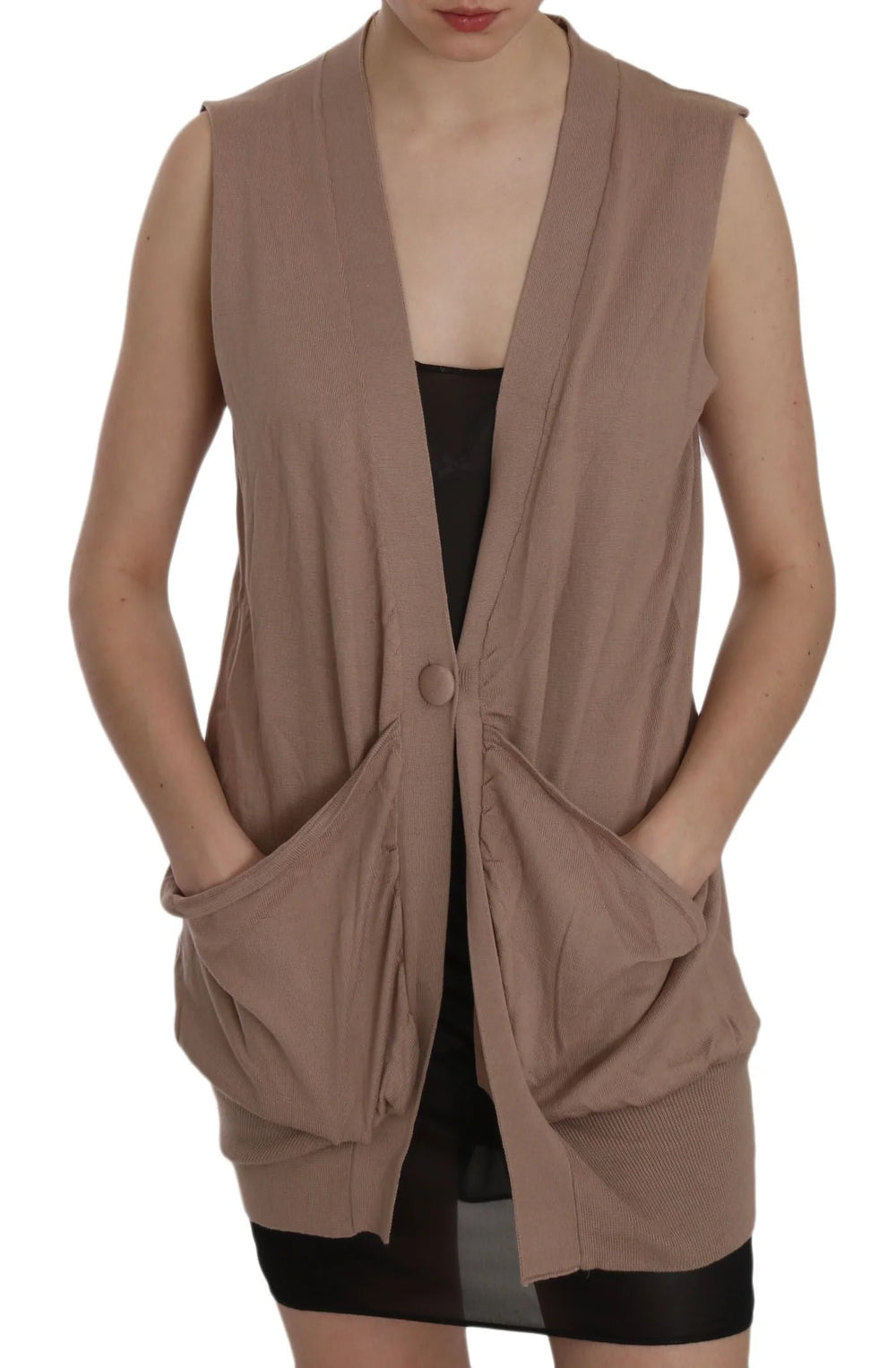 PINK MEMORIES Brown 100% Cotton Sleeveless Cardigan Top Vest - IT42|M - Cardigans