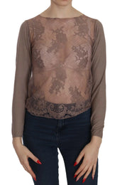 PINK MEMORIES Brown Lace See Through Long Sleeve Top - IT40|S - Blouses