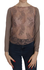 PINK MEMORIES Brown Lace See Through Long Sleeve Top - IT40|S - Blouses
