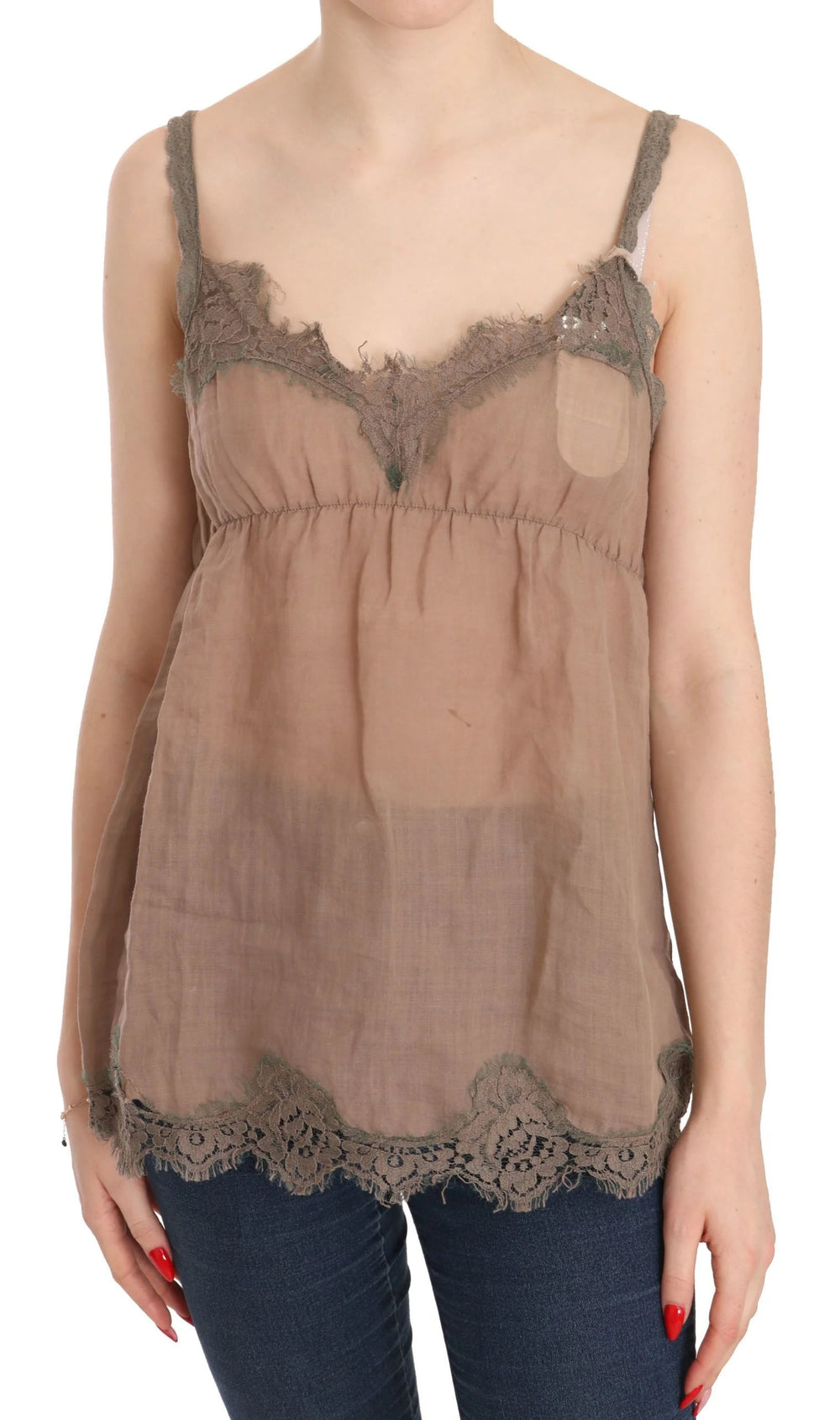 PINK MEMORIES Brown Lace Spaghetti Strap Plunging Top Blouse - IT44|L - Blouses