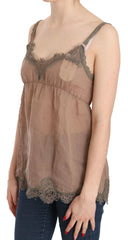 PINK MEMORIES Brown Lace Spaghetti Strap Plunging Top Blouse - IT44|L - Blouses