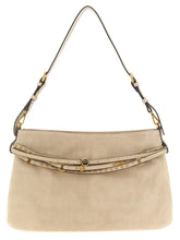 Front view of the PINKO beige cowhide shoulder bag featuring the signature Love Birds metal buckle and structured flap.