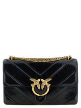 Front view of the PINKO black calfskin shoulder bag featuring the signature Love Birds gold-tone metal buckle.