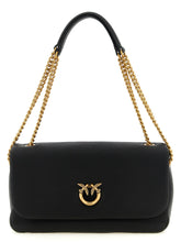 Front view of a PINKO black lamb leather shoulder bag featuring the iconic Love Birds gold-tone metal buckle.