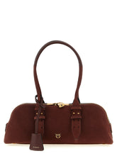 PINKO Bordeaux cowhide leather shoulder bag featuring the signature Love Birds metal buckle in a front-facing view.