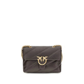 PINKO Bos Taurus shoulder bag in rich brown calf leather featuring the iconic Love Birds gold-tone metal buckle.