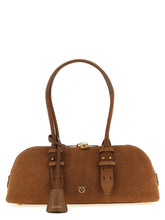 Front view of a PINKO brown cowhide shoulder bag featuring the signature Love Birds gold-tone metal buckle.