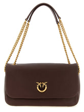 Front view of a PINKO brown lamb leather shoulder bag featuring the iconic Love Birds gold-tone metal buckle.