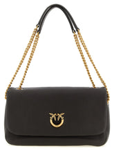 Front view of a PINKO brown lamb leather shoulder bag featuring the iconic Love Birds metal buckle in gold-tone hardware.