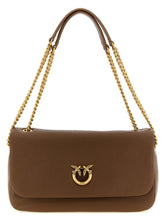 Front view of a PINKO brown lamb leather shoulder bag featuring the signature Love Birds gold-tone metal buckle.