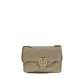 Front view of the PINKO gray calf leather shoulder bag featuring the signature Love Birds metal buckle in silver-tone.