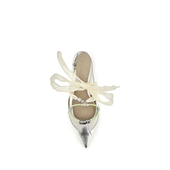 PINKO Silver Calf Leather Bos Taurus Ballet Flats