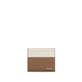 Prada beige Bos Taurus calf leather bi-fold wallet for men featuring the iconic silver-tone triangle logo plaque.