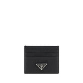 Prada black Bos Taurus calf leather wallet featuring the iconic triangular enamel logo on the front exterior.