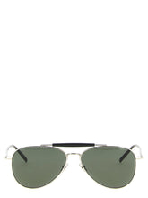 Front view of Saint Laurent silver acetate sunglasses featuring a sleek rectangular frame and dark tinted lenses.