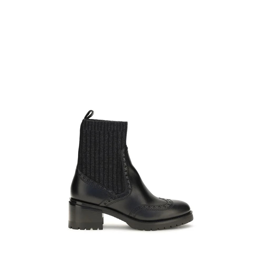 Santoni Black Calf Leather Bos Taurus Ankle Boots