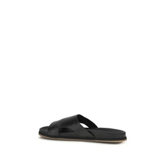 Santoni Black Calf Leather Bos Taurus Flat Sandals - EU43/US10