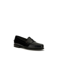 Santoni Black Calf Leather Bos Taurus Slip-On Loafers
