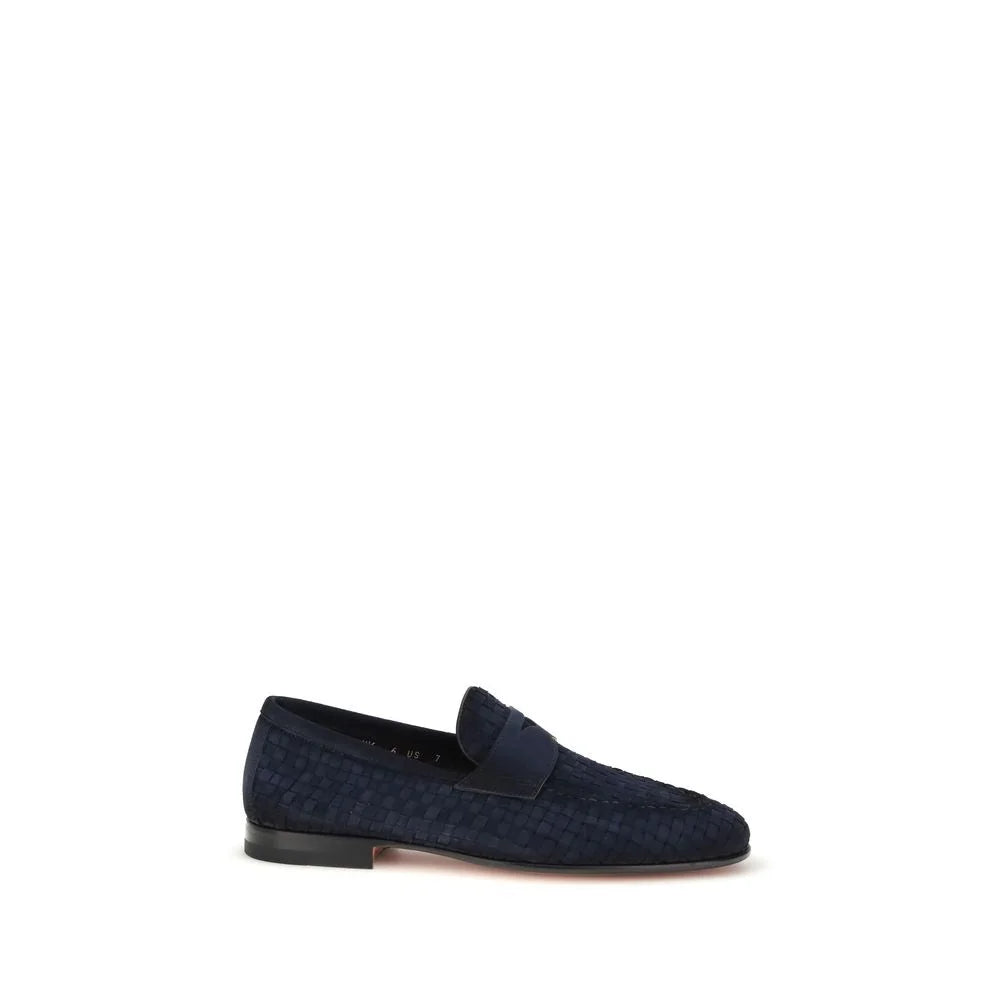 Santoni Blue Calf Leather Bos Taurus Slip-On Loafers
