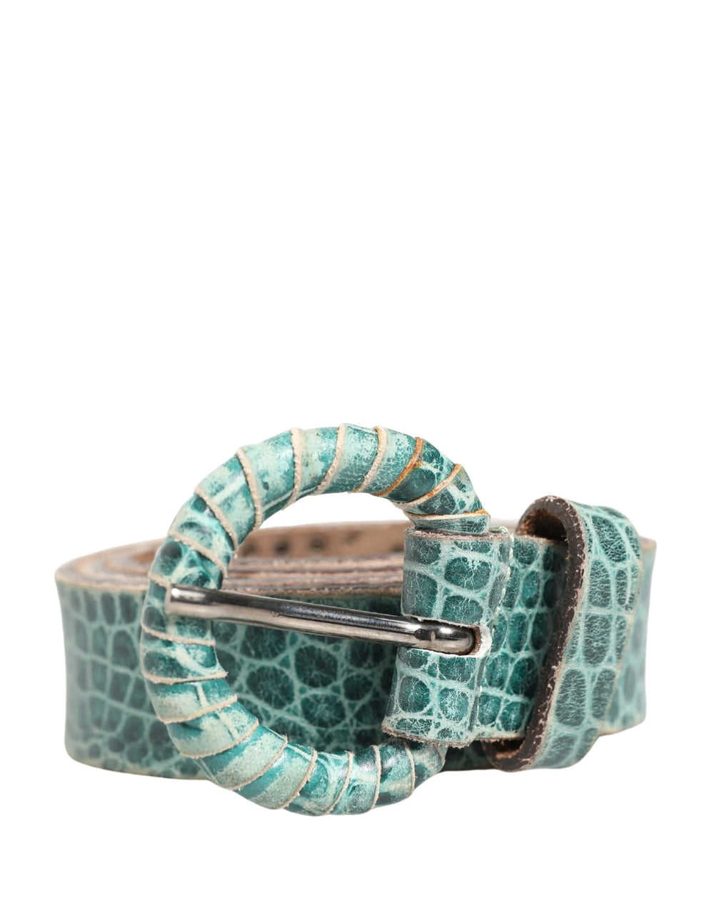 Scervino Street Women Green Leather Croco Print Studded Belt - Belts