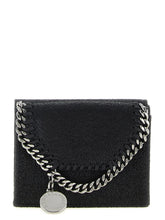 Front view of a black Stella McCartney cardholder featuring the signature silver-tone Falabella chain trim.