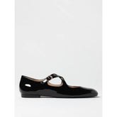 Stuart Weitzman black patent leather ballet flats with a classic round toe and polished finish, front view.