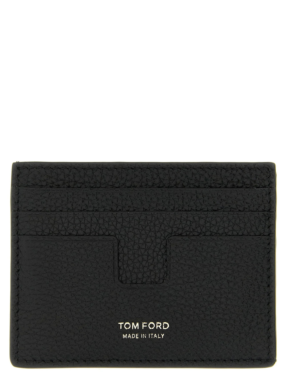 Framifrån vy av en Tom Ford svart kalvskinnskortplånbok med guldtonad logotypsprägling och flera kortfack.