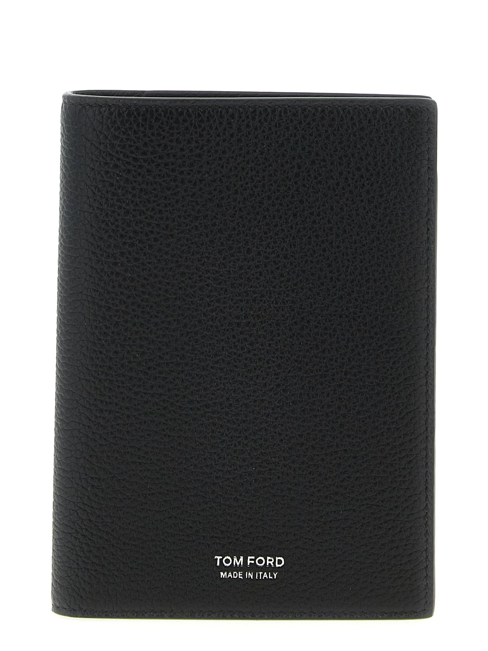 Priveliște frontală a portofelului din piele de vițel neagră Tom Ford, cu un design minimalist și branding subtil cu logo auriu.