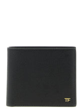 Tom Ford Herren-Bifold-Geldbörse aus hochwertigem schwarzem genarbtem Kalbsleder mit goldfarbenen Logo-Beschlägen.
