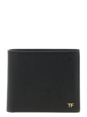Tom Ford -miesten lompakko, musta lehmännahka, jossa on premium-laatuista nahkaa ja kullanväriset logometalliosat.