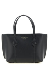 Front view of a Tory Burch black cowhide leather handbag featuring a structured silhouette and gold-tone hardware.