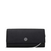 Front view of a Tory Burch black leather clutch bag featuring the iconic gold-tone logo emblem and refined silhouette.