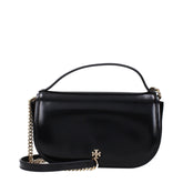 Front view of a Tory Burch black leather handbag featuring the iconic gold-tone logo emblem and structured silhouette.
