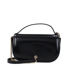 Front view of a Tory Burch black leather handbag featuring the iconic gold-tone logo emblem and structured silhouette.