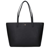 Front view of a Tory Burch black leather shoulder bag featuring the iconic gold-tone logo emblem and refined stitching.