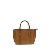 Front view of the Tory Burch brown calf leather shoulder bag featuring a structured silhouette and gold-tone hardware.