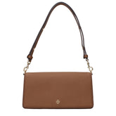 Front view of a Tory Burch brown leather shoulder bag featuring a structured silhouette and gold-tone hardware.