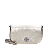 Front view of a Tory Burch gold leather crossbody bag featuring the iconic metallic logo and structured silhouette.