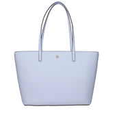 Tory Burch light blue leather shoulder bag with gold-tone logo hardware and structured rectangular silhouette.