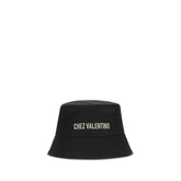Front view of a Valentino Garavani black cotton bucket hat featuring a structured brim and tonal stitching.
